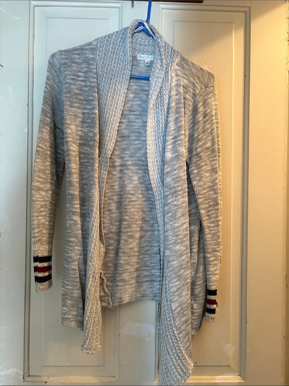 Open-Front Light Gray Women's Cardigan with Stripe Cuff Detail
